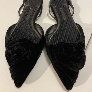 Giorgio Armani flats, Black velvet with rose detail at toe and sling back NBW